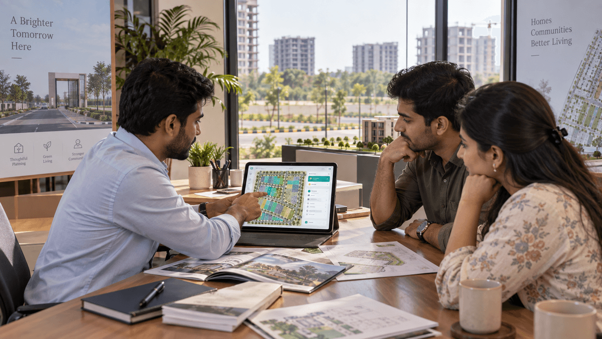 Sales team showing interactive layout inventory to buyers